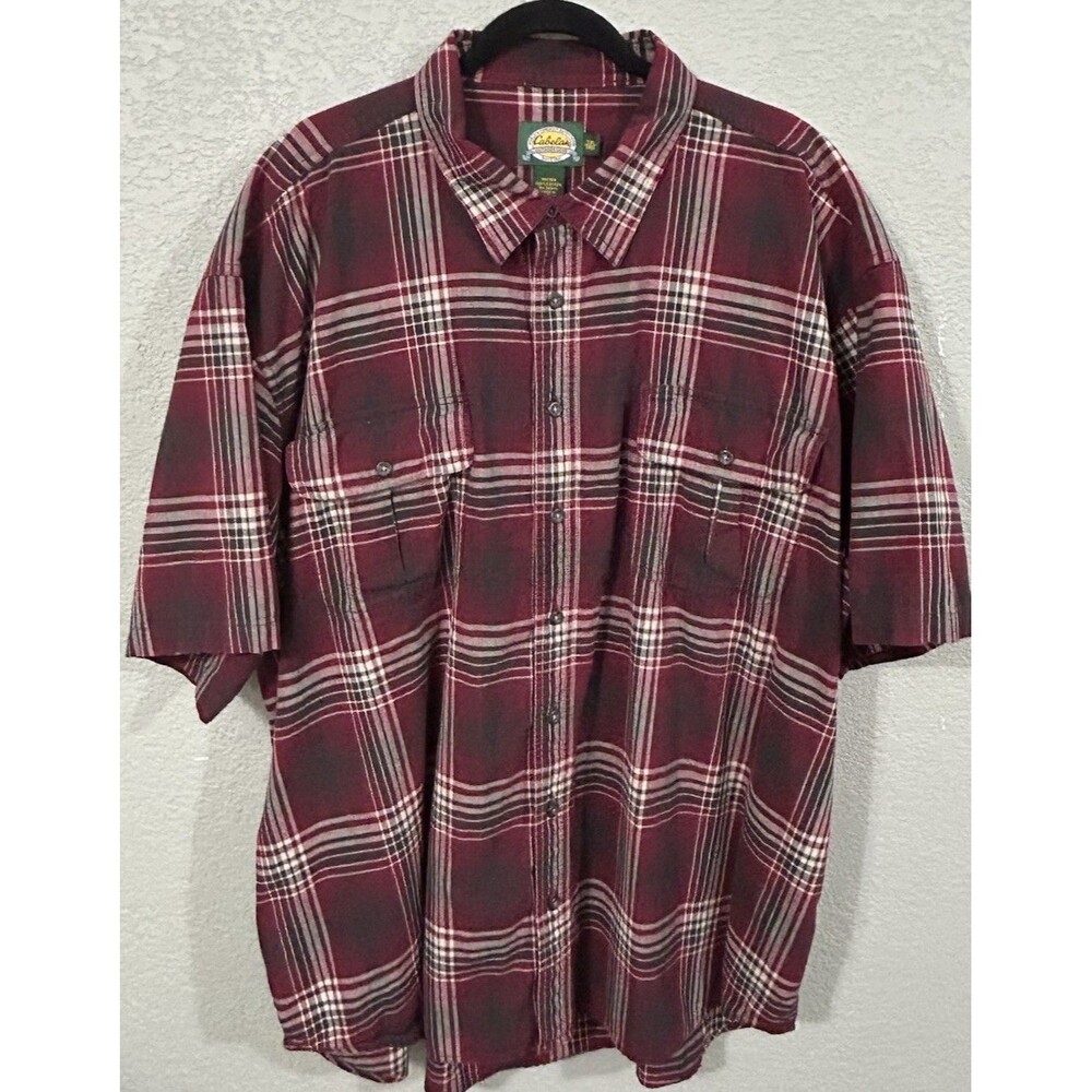 Cabela's Men's Button Up Shirt Burgundy Flannel Plaid Fishing Outdoor Sz 3XL